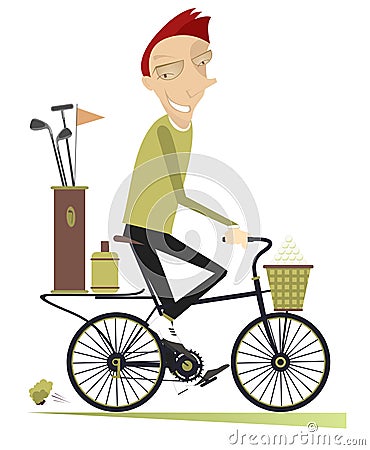 Smiling man rides the bike and goes to play golf Vector Illustration