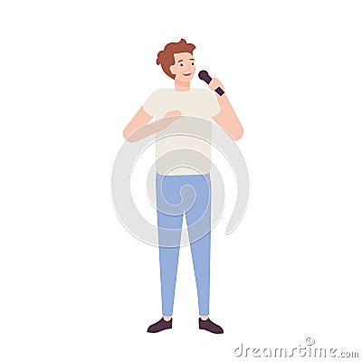 Smiling man singer, rock or pop vocalist wearing jeans and t-shirt and singing in microphone. Cute funny male cartoon Vector Illustration