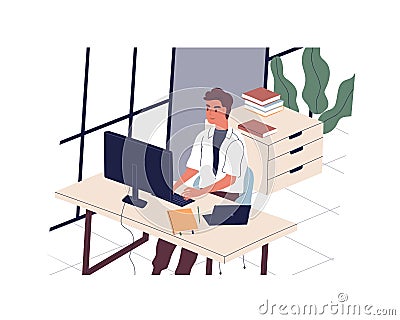 Smiling man sitting at desk and working on computer in modern office. Male employee or clerk at workplace. Daily routine Vector Illustration