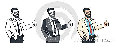 Smiling Man in suit thumb up. Bearded businessman in glasses with like gesture Vector Illustration