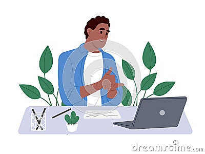 Smiling African American man talking on video call using sign language, talking to patient with hearing impairment Vector Illustration