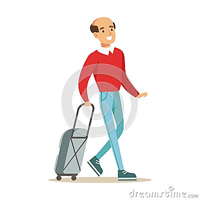 Smiling man traveling with suitcase. Colorful cartoon character vector Illustration Vector Illustration