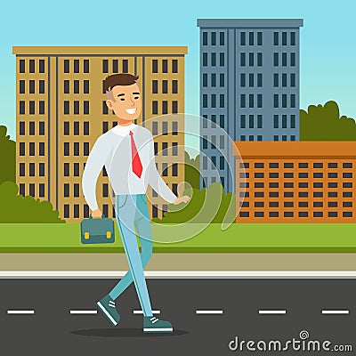 Smiling man walking down the street with blue briefcase. City architecture background. Office worker on his way to work Vector Illustration