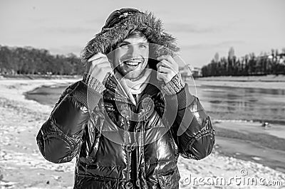 smiling man in winterwear outdoors. stylish man in winterwear outdoor. Stock Photo