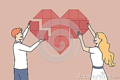 Smiling man and woman gather huge heart Vector Illustration