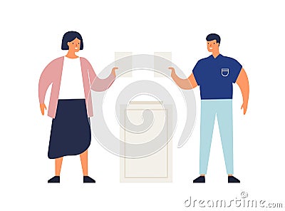 Smiling man and woman putting ballots in ballot box vector flat illustration. People choosing political candidate at Vector Illustration