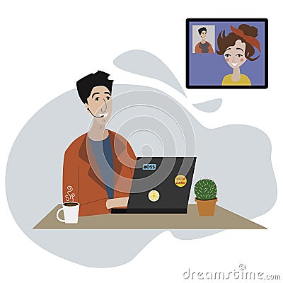 Smiling man work at his desk with laptop. Call center, hotline support. Operator with headset consulting a client. Vector Illustration