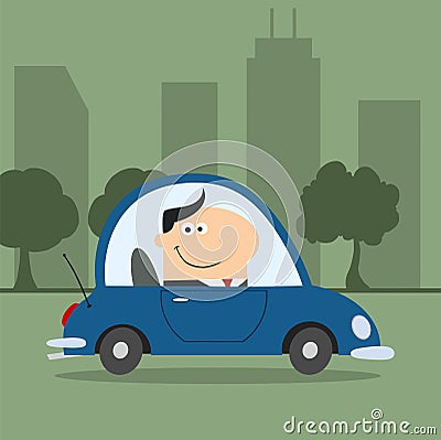 Smiling Manager Driving Car To Work In City Vector Illustration