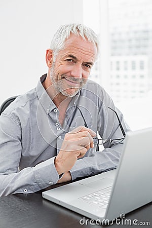 Smiling mature businessman using laptop in office Stock Photo