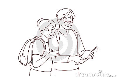 Smiling mature couple look at map traveling Vector Illustration