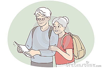 Smiling mature couple look at map traveling Vector Illustration