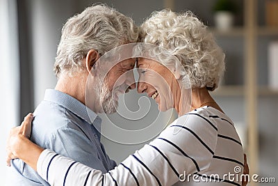 Smiling mature husband and wife share romantic moment together Stock Photo