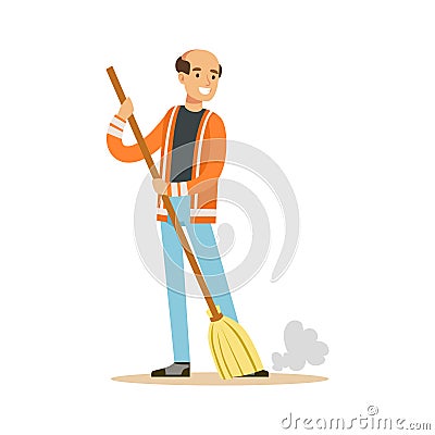 Smiling mature street sweeper at work, street cleaner character vector Illustration Vector Illustration