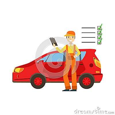 Smiling Mechanic Analysing With Checklist In The Garage, Car Repair Workshop Service Illustration Vector Illustration