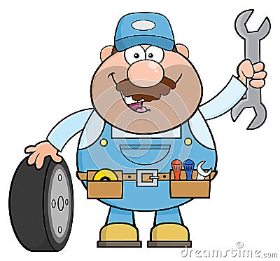 Smiling Mechanic Cartoon Character With Tire And Huge Wrench Vector Illustration