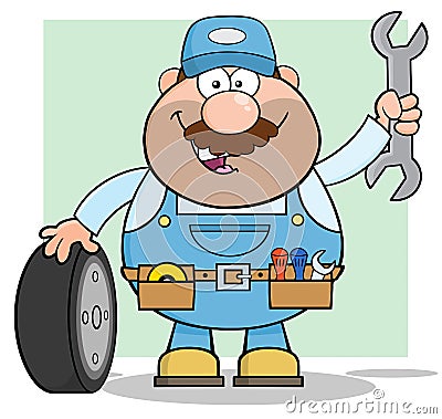 Smiling Mechanic Cartoon Character With Tire And Huge Wrench Vector Illustration