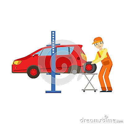 Smiling Mechanic Changing A Tire In The Garage, Car Repair Workshop Service Illustration Vector Illustration