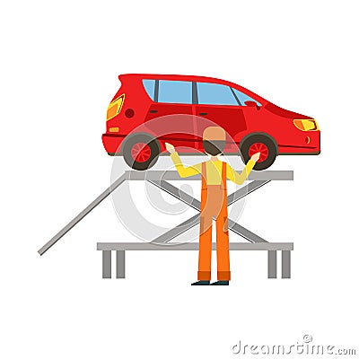 Smiling Mechanic Checking The Vehicle In The Garage, Car Repair Workshop Service Illustration Vector Illustration