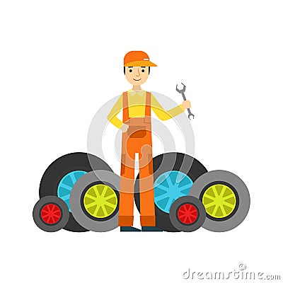 Smiling Mechanic And MAny Wheels In The Garage, Car Repair Workshop Service Illustration Vector Illustration