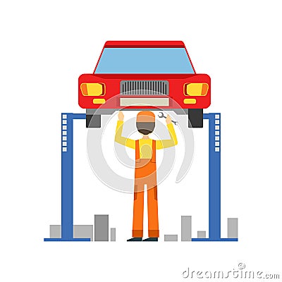 Smiling Mechanic Working Under Lifted Vehicle In The Garage, Car Repair Workshop Service Illustration Vector Illustration