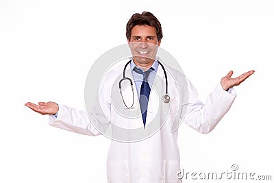 Smiling medical doctor holding out his palms Stock Photo
