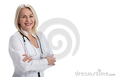 Smiling medical woman doctor. Isolated over white background Stock Photo