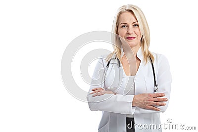 Smiling medical woman doctor. Isolated over white background Stock Photo