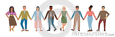 Smiling men and women holding hands. Happy people standing in row together. Concept of happiness and friendship Vector Illustration