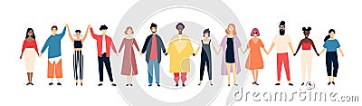 Smiling men and women holding hands. Happy people standing in row together. Happiness and friendship. Flat male and Vector Illustration