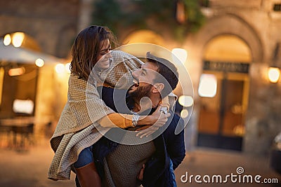 Man and woman in love, enjoying in evening walk together Stock Photo