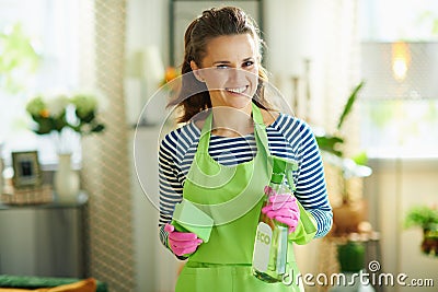 Smiling modern woman with cleaning agent and sponge Stock Photo