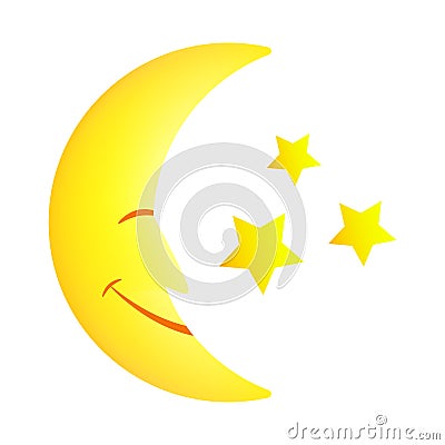 Smiling moon and stars color signs icons isolated on white background. Fairy tale character for children`s illustrations Vector Illustration