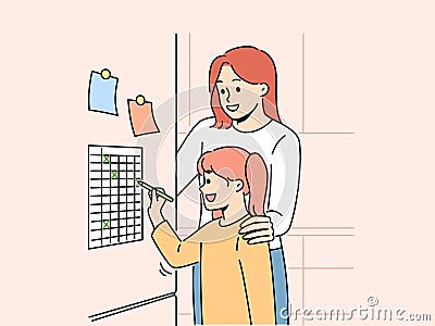 Smiling mother and daughter check tasks on to do list Vector Illustration