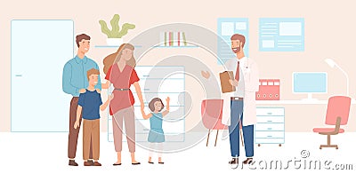 Smiling mother, father and children came to physician`s office, clinic or hospital. Visit to family doctor or meeting Vector Illustration