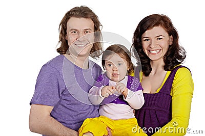 Smiling mother and father hold on hands daughter Stock Photo