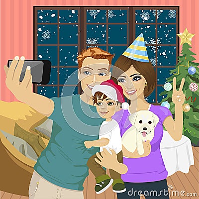 Smiling mother, father and little son making selfie with camera over living room and christmas tree background Vector Illustration
