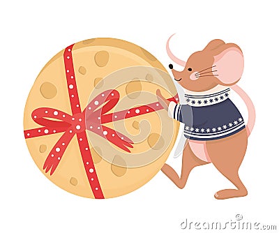 Smiling Mouse as New Year Character in Knitted Sweater Pushing Huge Cheese Wheel Vector Illustration Vector Illustration