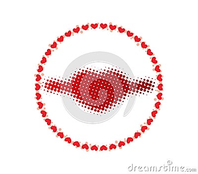 Smiling mouth made of line with heart in a circle of small hearts. Love kiss Vector Illustration