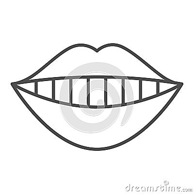 Smiling mouth thin line icon. Lips and teeth, dental smile with white tooth symbol, outline style pictogram on white Vector Illustration