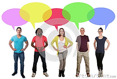 Smiling multi ethnic group of people talking speaking saying speech bubble copyspace Stock Photo