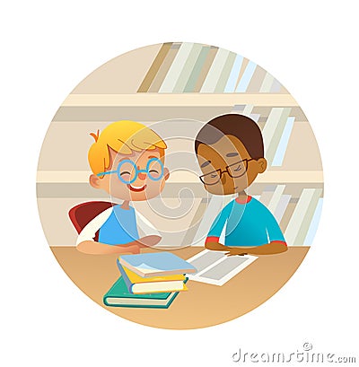 Smiling multiracial boys reading books and talking to each other at school library. School kids discussing literature in Vector Illustration