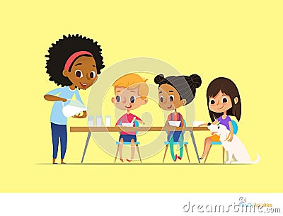 Smiling multiracial children sit at table and have breakfast while mother pour milk into gasses. Kids eating healthy morning meal. Vector Illustration