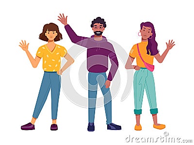 Smiling multiracial people, characters waving hand Vector Illustration