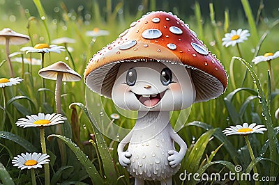 smiling mushroom character with cap dotted with lighter spots, standing in grassy field, expressive cartoon Stock Photo