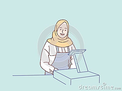 Smiling muslim hijab woman waitress cashier taking order from customer simple korean style illustration Vector Illustration