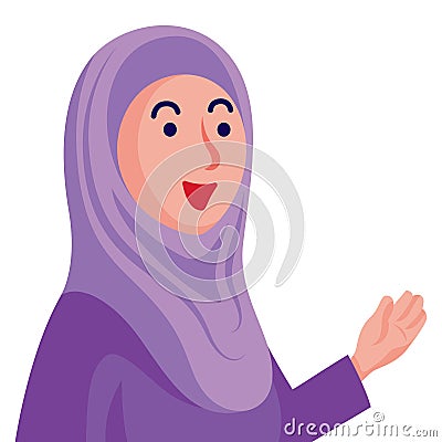 Smiling Muslim woman character with purple hijab giving speech or tutoring to audience Vector Illustration