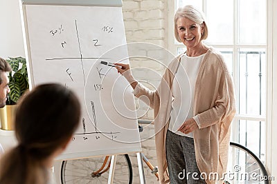 Smiling old female coach pointing on whiteboard give business presentation Stock Photo