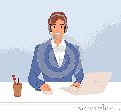 Smiling operator of call center in headset consulting customers online. Support agent working at helpline service Vector Illustration