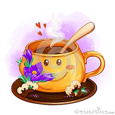 Smiling orange cup with spring crocuses and heart chocolate chip cookies on a saucer. Vector Illustration