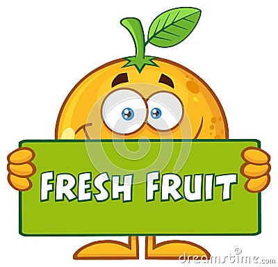 Smiling Orange Fruit Cartoon Mascot Character Holding A Banner With Text Fresh Fruit Stock Photo